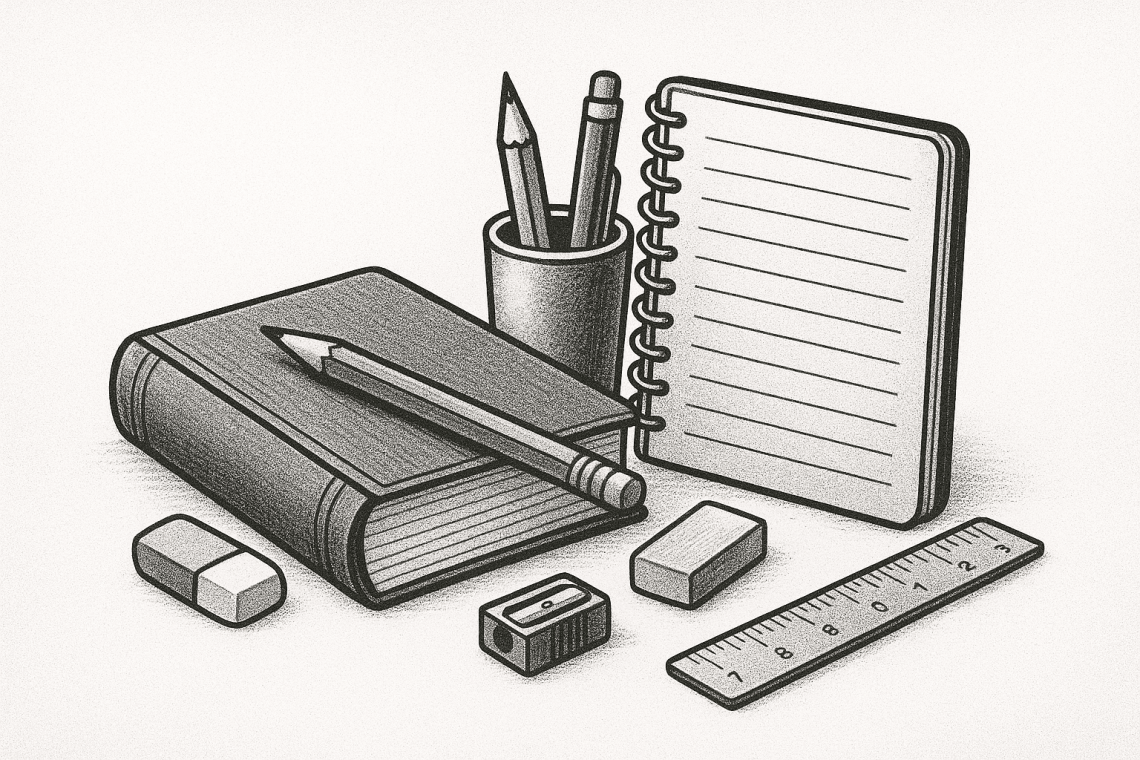 fournitures scolaires en noir et blanc